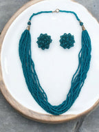 Inhanns Bloom Handmade Beaded Necklace With Earrings - 12 Layers - Skey Blue Necklace Set