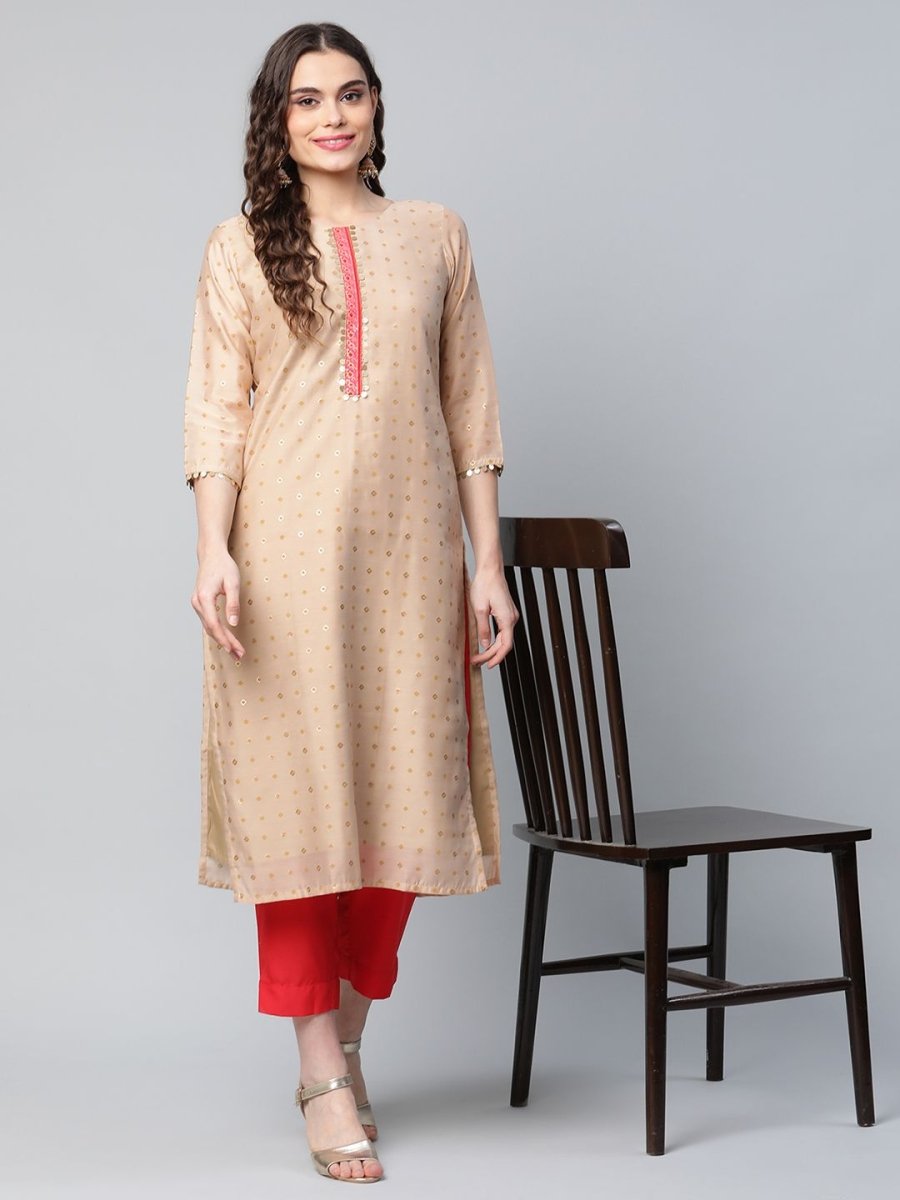 Ahalyaa Women Beige Colour Chanderi Printed Kurta Pant Set - Distacart