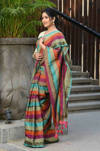 Beatitude Multicolor Cotton Stripes Golden Zari Saree