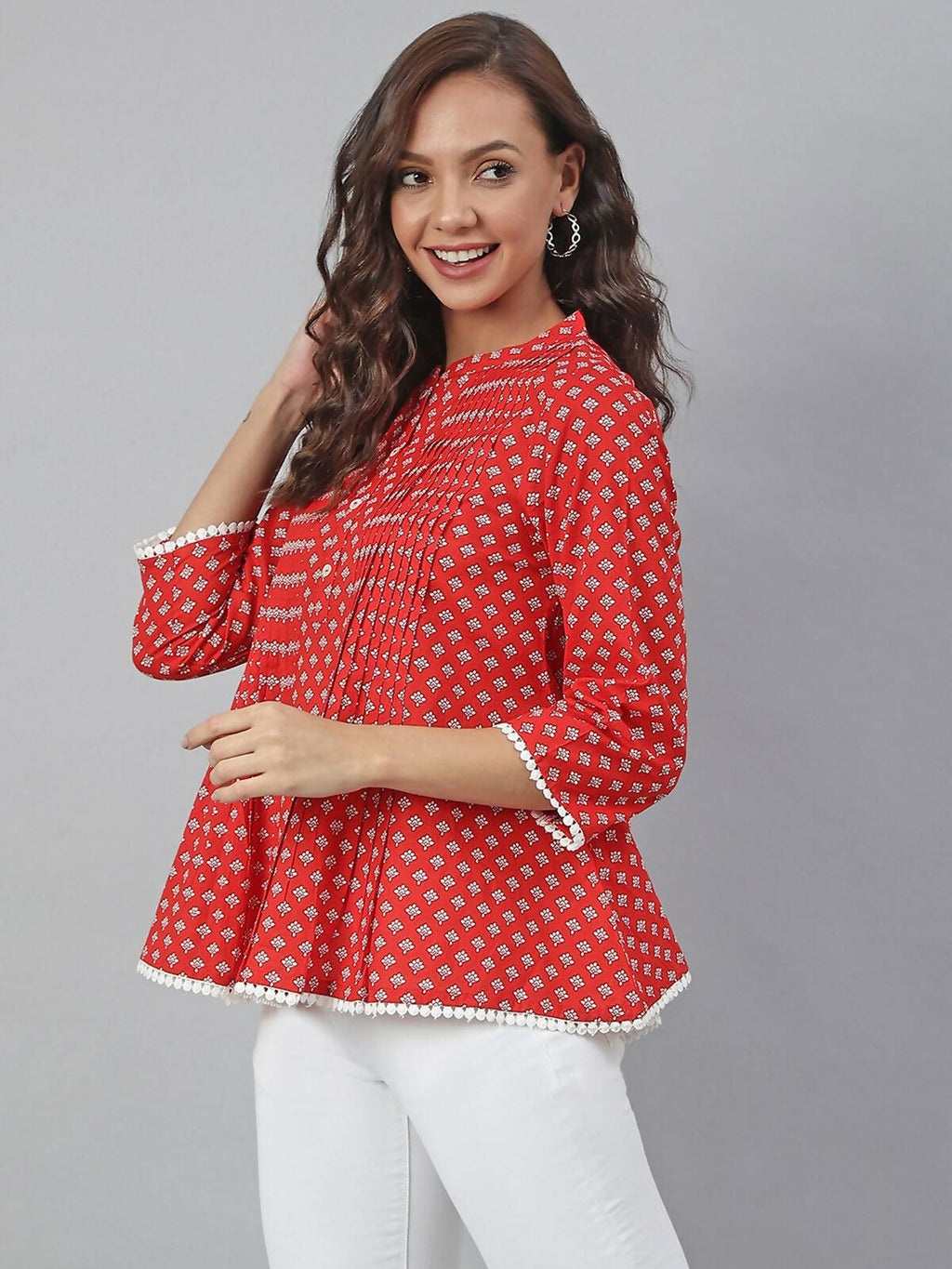 Janasya Women's Red Cotton Floral Print Flared Top - Distacart