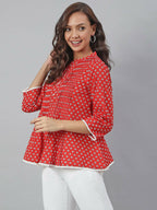 Janasya Women's Red Cotton Floral Print Flared Top - Distacart