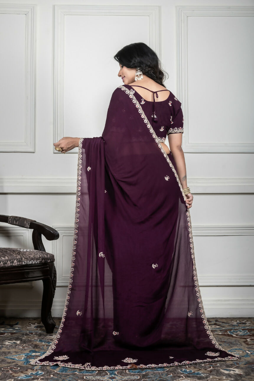 Morchari Wine Chiffon Hand Embroidery Saree And Stitched Blouse - Distacart
