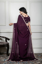Morchari Wine Chiffon Hand Embroidery Saree And Stitched Blouse - Distacart