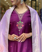 The52 Women's Beautiful Chanderi Fabric Embroidery Work Flared Kurta Pant and Dupatta Set - Distacart