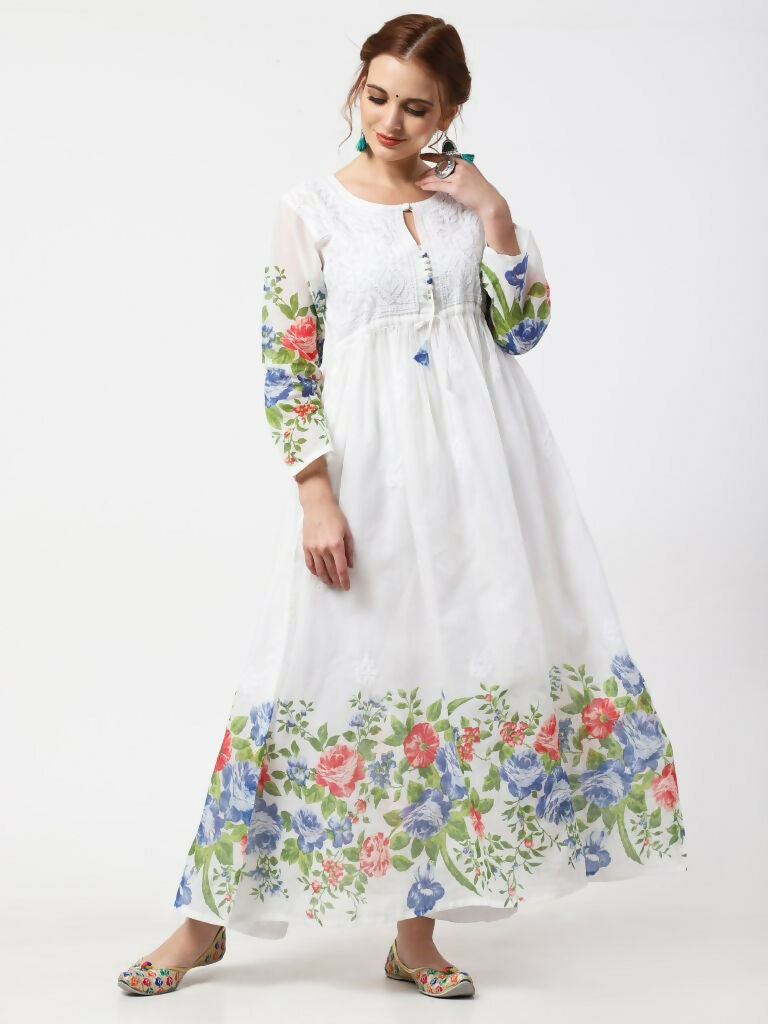 Cheera Women Stylish Hand Chikenkari And Digital Printe Cotton Organza Flared Anarkali Kurta - White