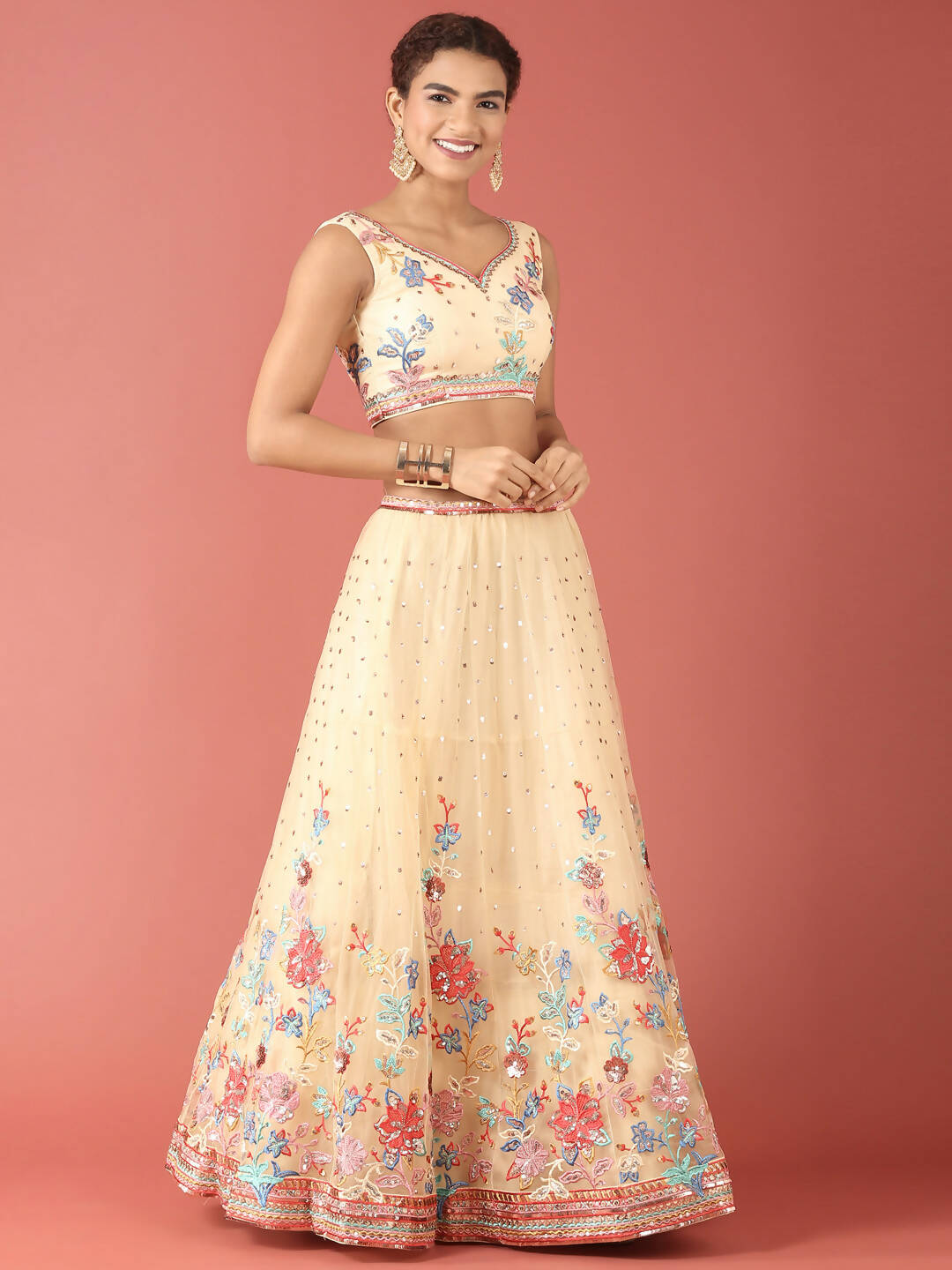 House of Panchhi Cream Net Multi colour Thread & Sequinse Work Lehenga & Blouse, Dupatta