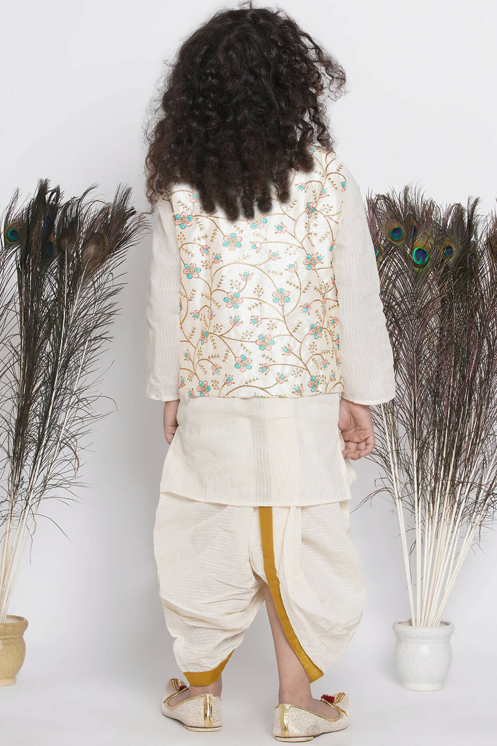 Little Bansi Banarsi Silk Pink Blue Floral Embroidery Jacket With Cotton Kantha kurta And Kantha Dhoti - Cream