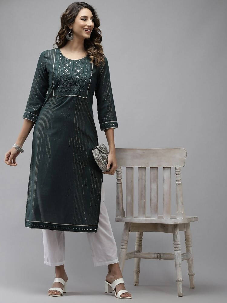 Yufta Women Green Yoke Design Mirror Work Cotton Kurta