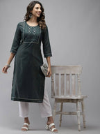 Yufta Women Green Yoke Design Mirror Work Cotton Kurta