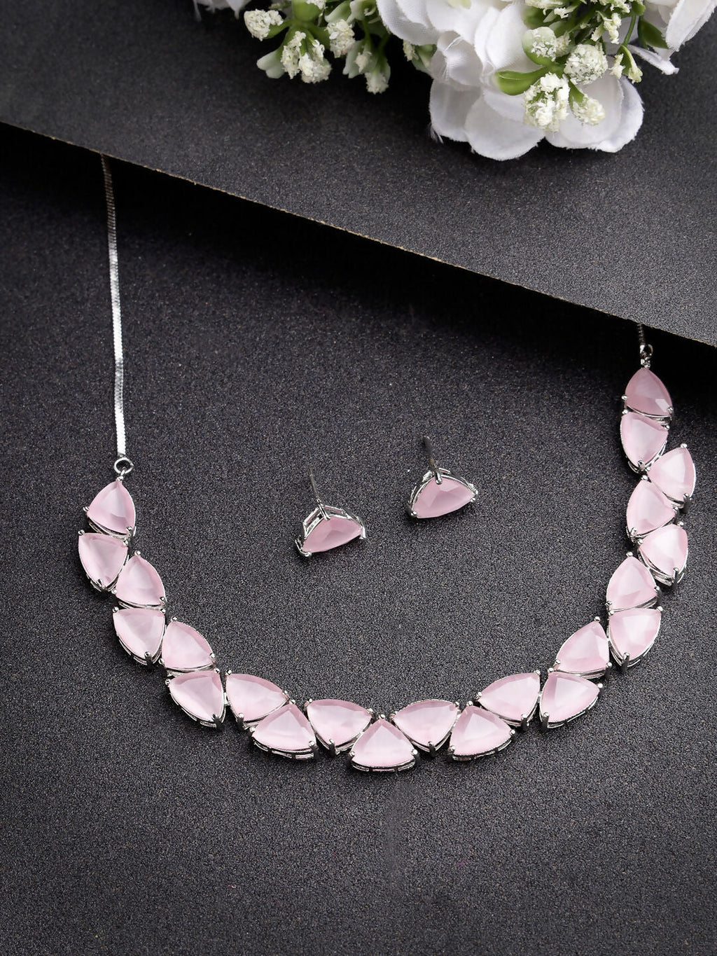 NVR Women's Pink Artificial Stones Studded Handcrafted Jewellery Set