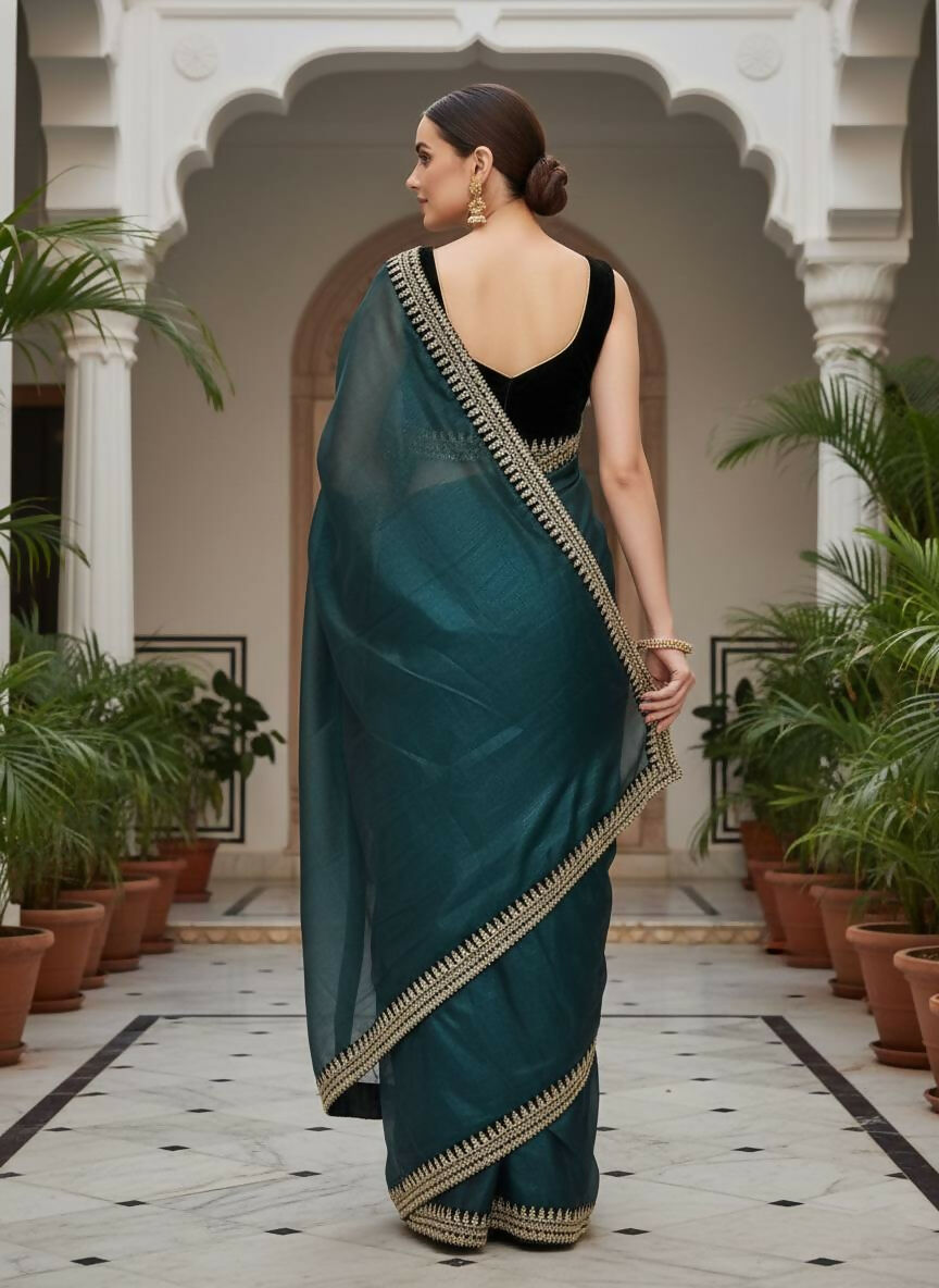 Joban Fashion Petrol Soft twill Net Party Wear Sarees - Distacart