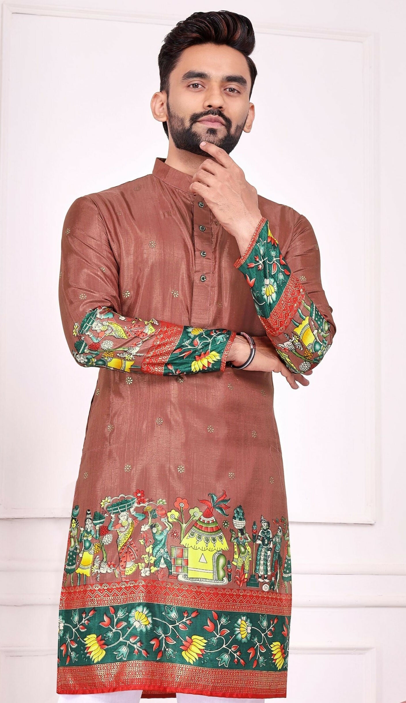 Anaita Peach Dola Silk Straight Kurta With Foil Work