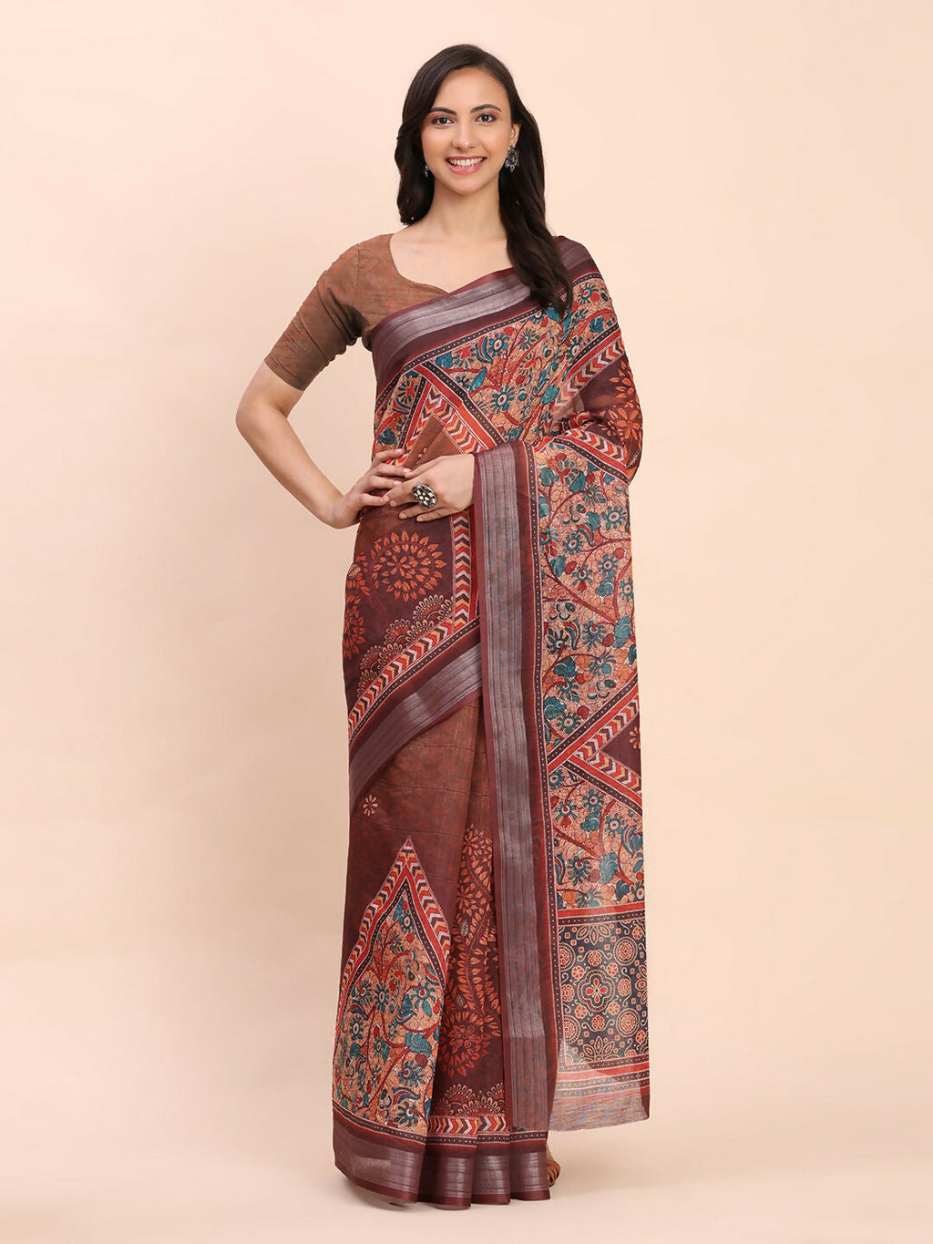 Shree Shyam Fashion Linen Cotton Brown Saree - Distacart