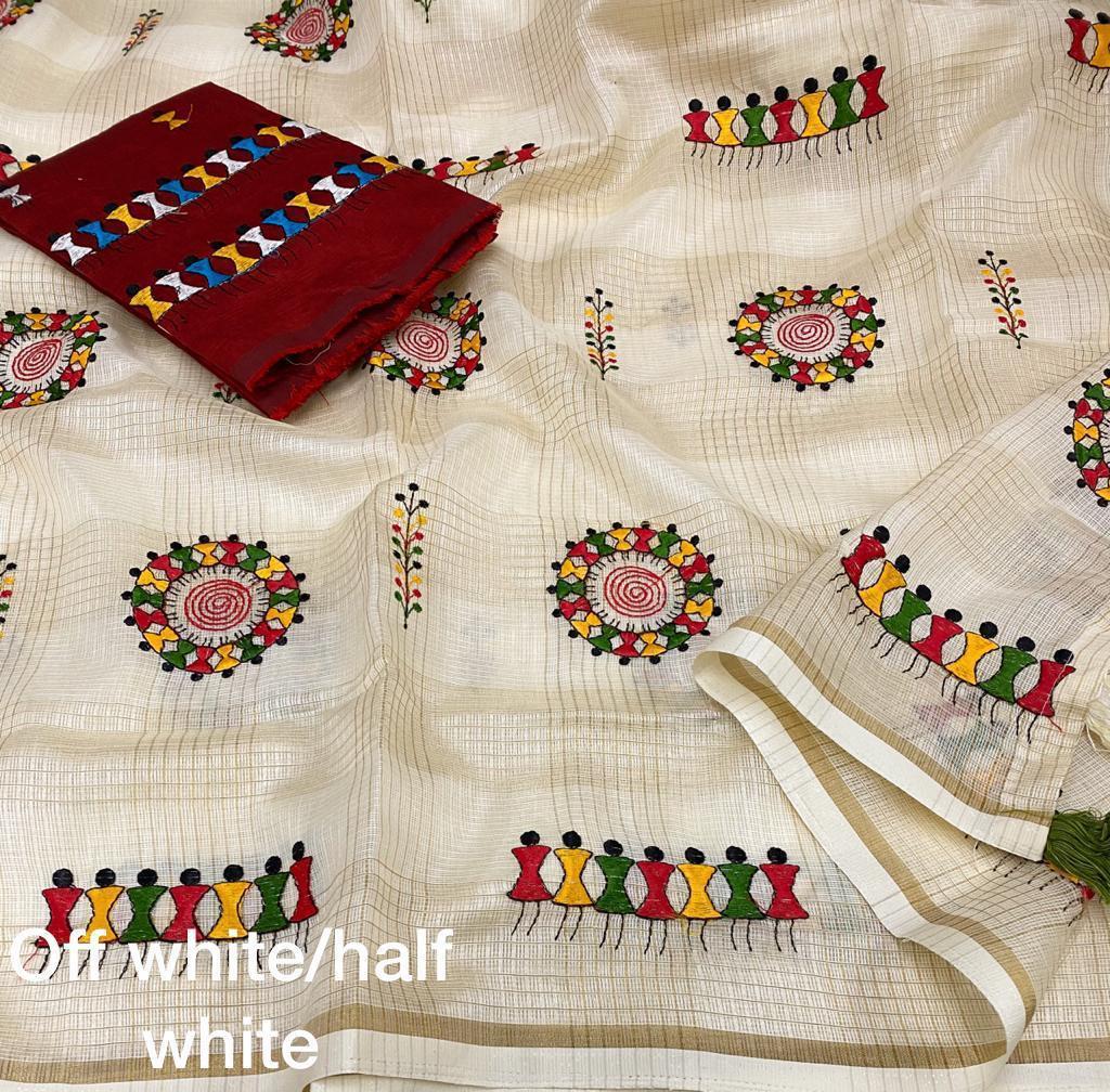Cream Cotton Blend Warli Saree with Unstitched Blouse - A2M - Distacart