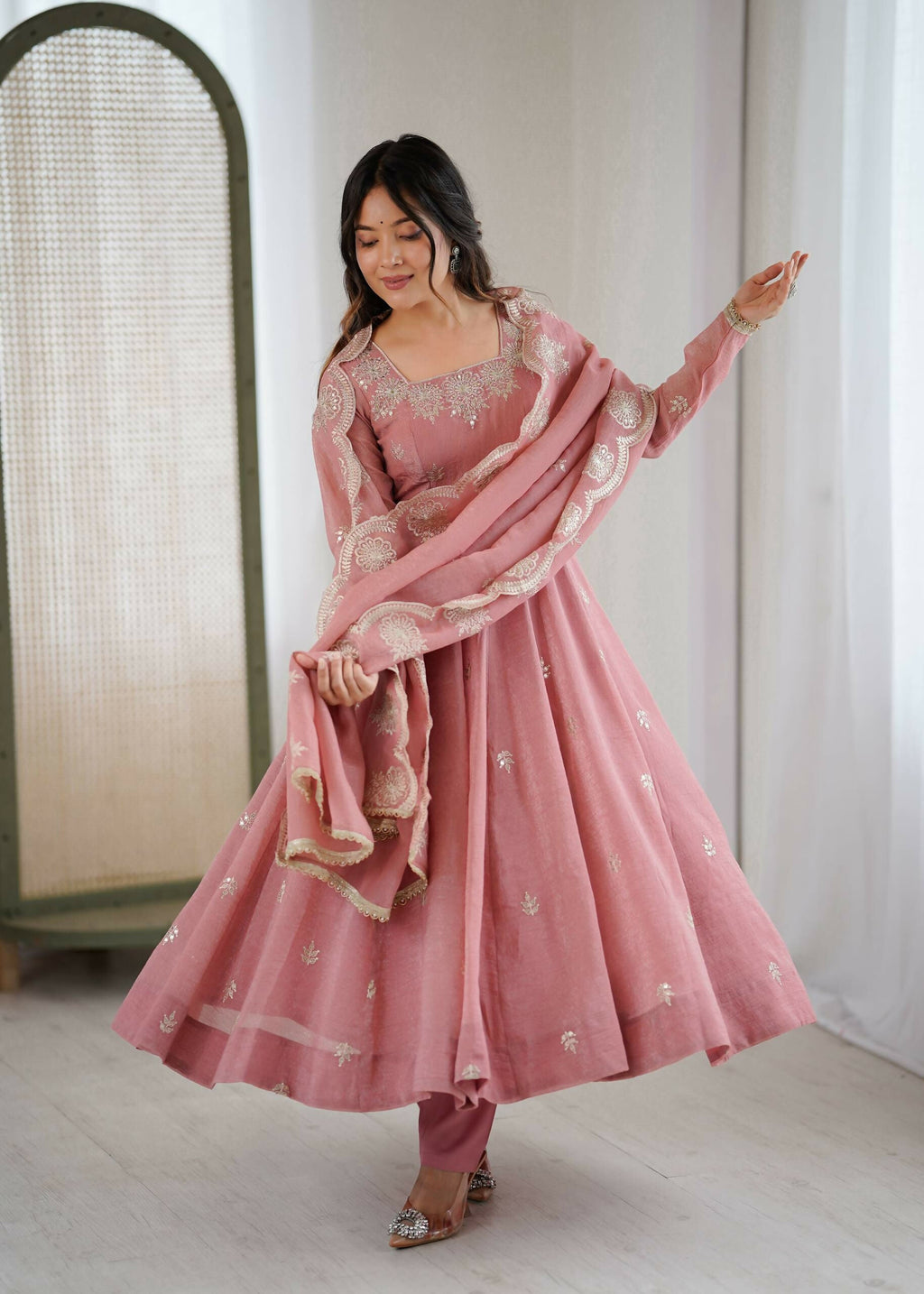 Teeya Creation Peach Color Crunchy Silk Embroidery Work Wedding Wear Gown - Distacart