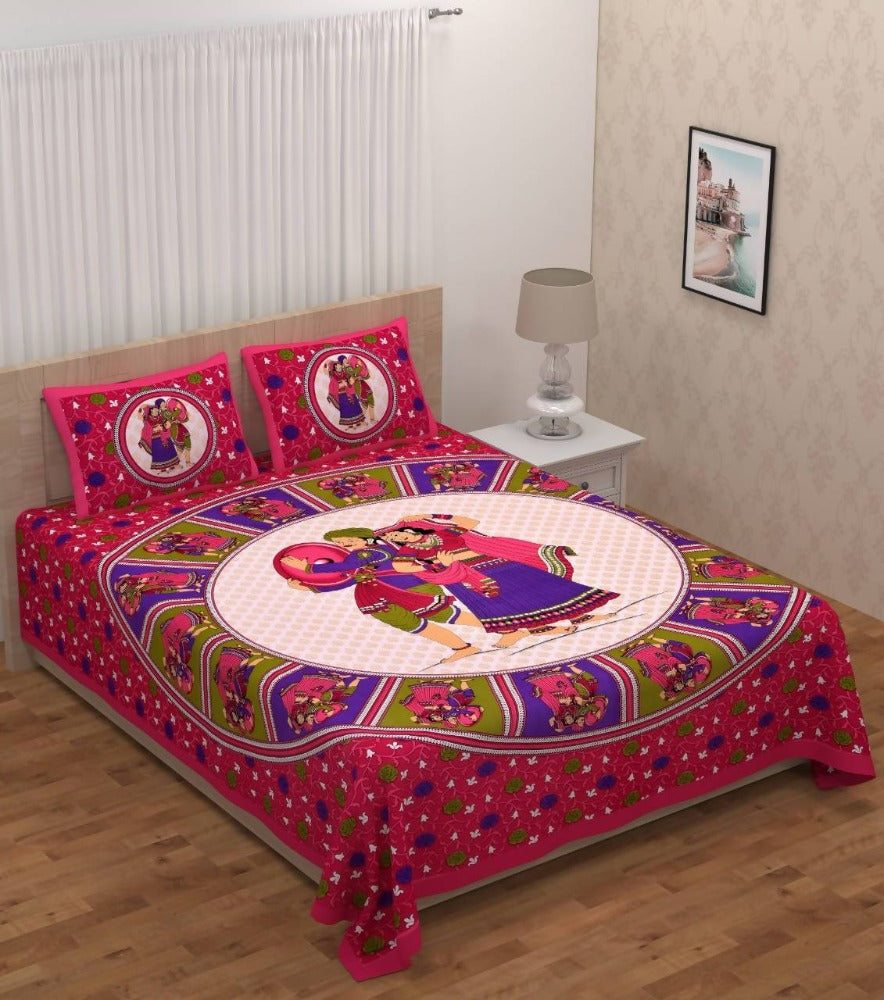 Vamika Printed Cotton Dafli Pink Bedsheet With Pillow Covers (PM Dafli Pink)