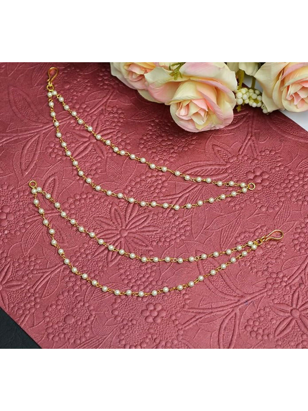 NVR Pearl Studded Classic Gold-Polished 2 Line Ear Chain Ear Cuff