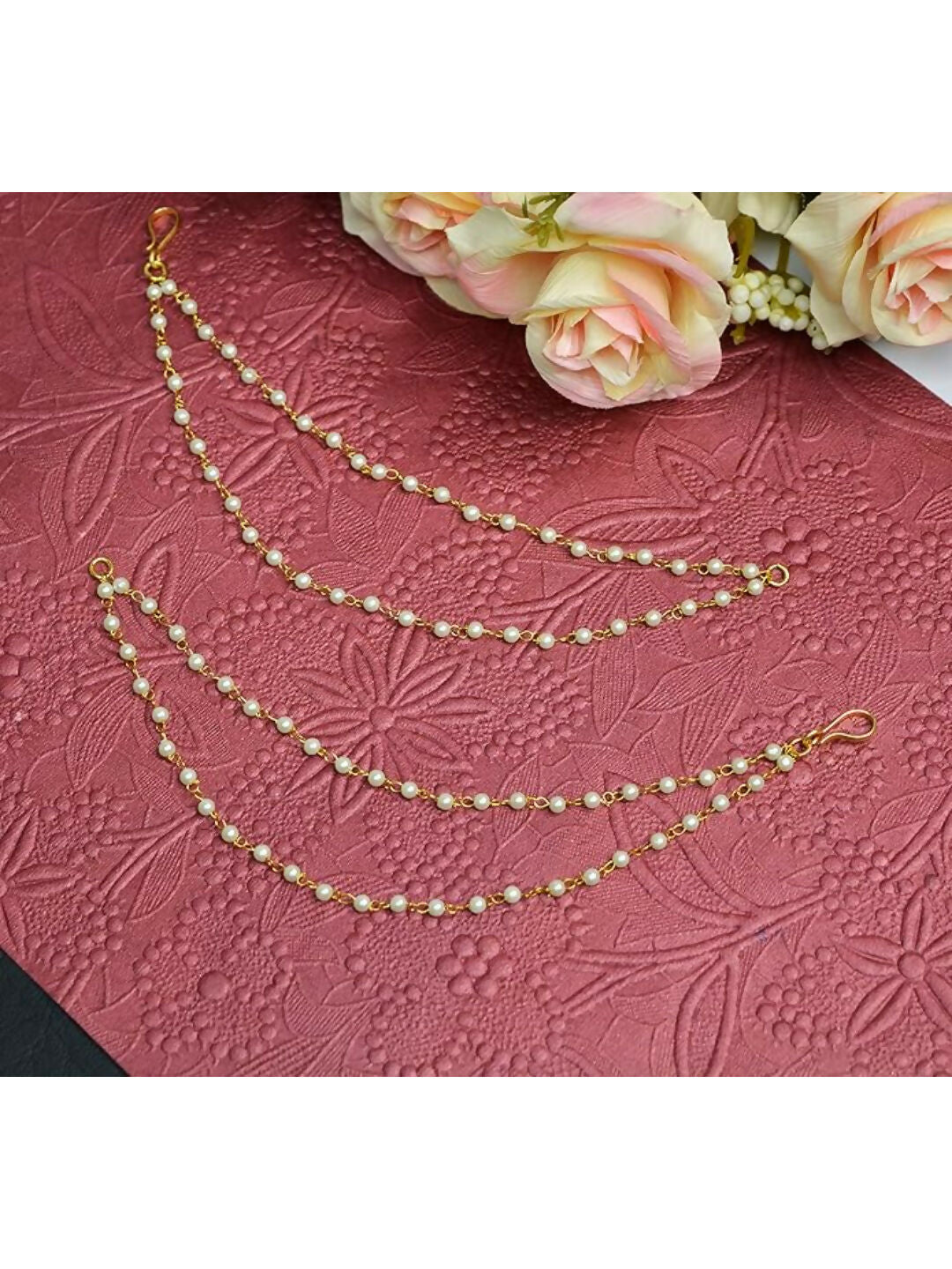 NVR Pearl Studded Classic Gold-Polished 2 Line Ear Chain Ear Cuff