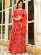 Janasya Red Georgette Floral Lehenga Choli Dupatta