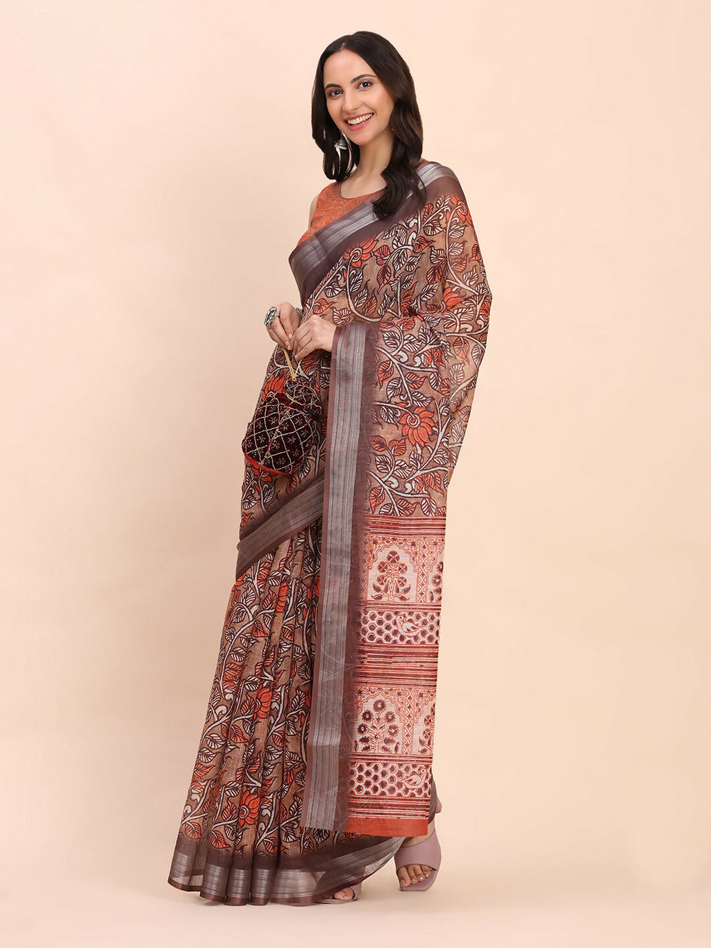 Shree Shyam Fashion Linen Cotton Brown Saree - Distacart