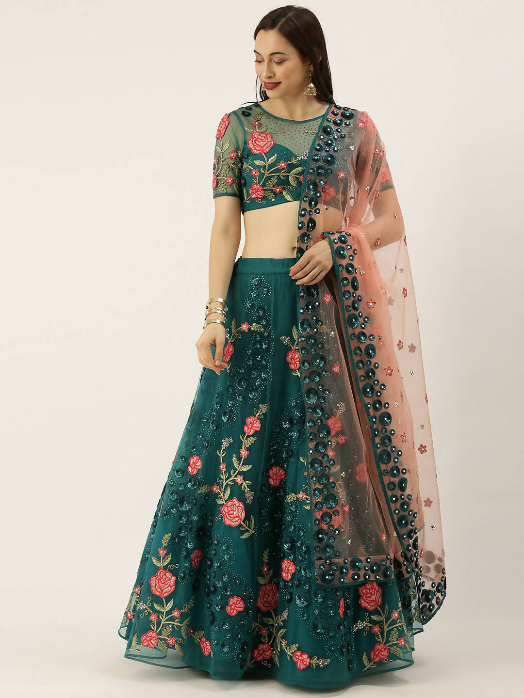 House of Panchhi Teal Net Semi stitched Coding, Sequins and Saroski Stone Work Lehenga Choli