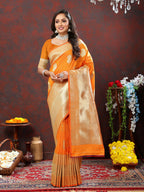 Lorenvalley Fashion Orange Soft Silk Woven Design Gold Zari Weaving Saree