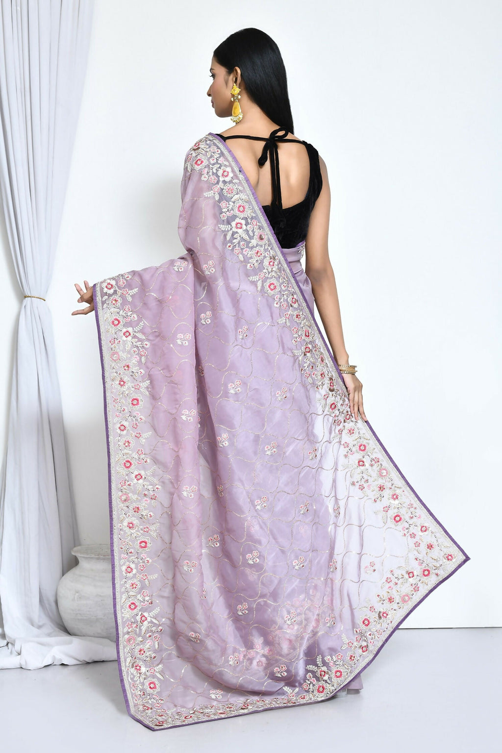 Purple Organza Satin Silk Sequence Embroidered with Stone work Saree - Nimaya Benzy