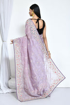 Purple Organza Satin Silk Sequence Embroidered with Stone work Saree - Nimaya Benzy