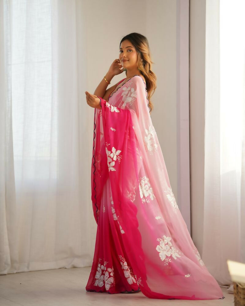 Pink Georgette Pedding Color, Embroidery Work Party Wear Saree - Erisha