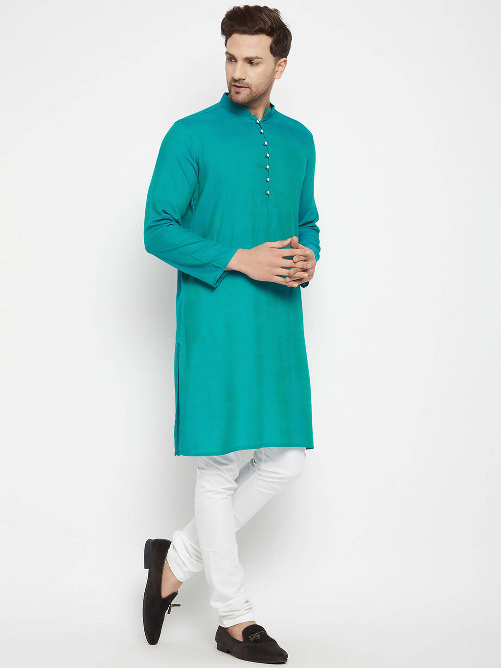 Even Apparels Green Viscose Long Men's Kurta With Band Collar - Distacart