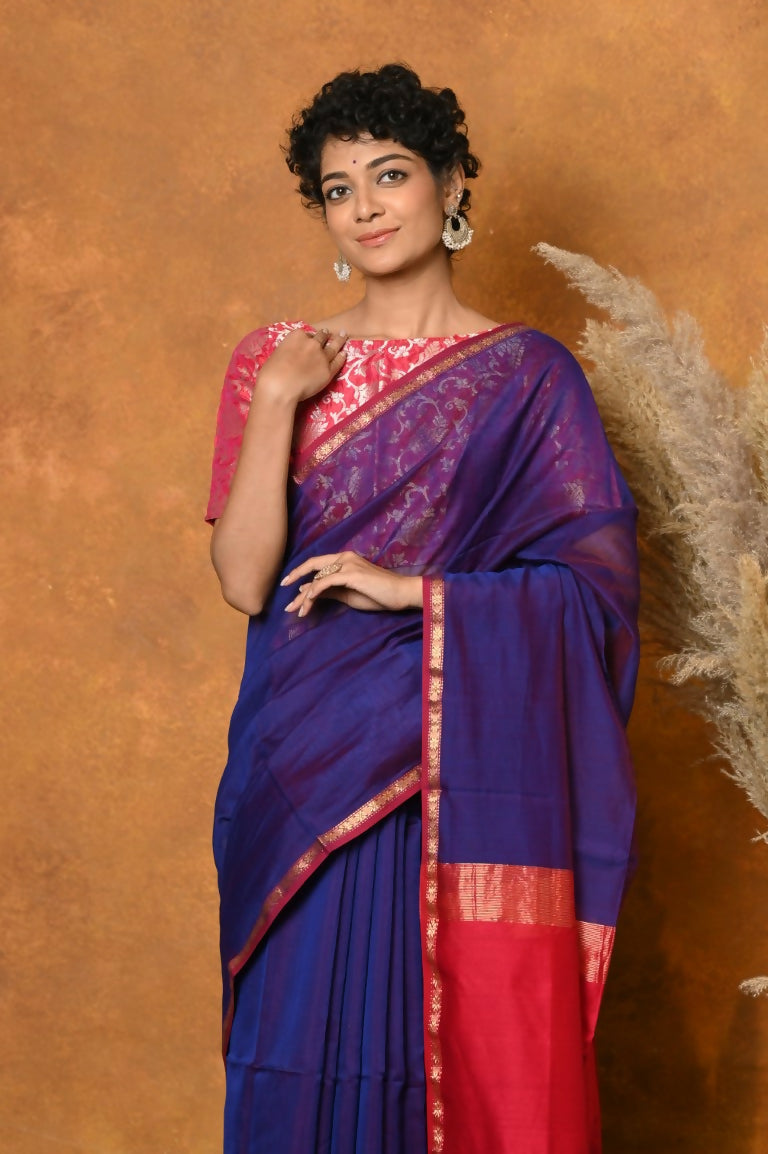 Very Much Indian Handloom Pure Cotton Silk Saree With Sleek Golden Border - Indigo Blue