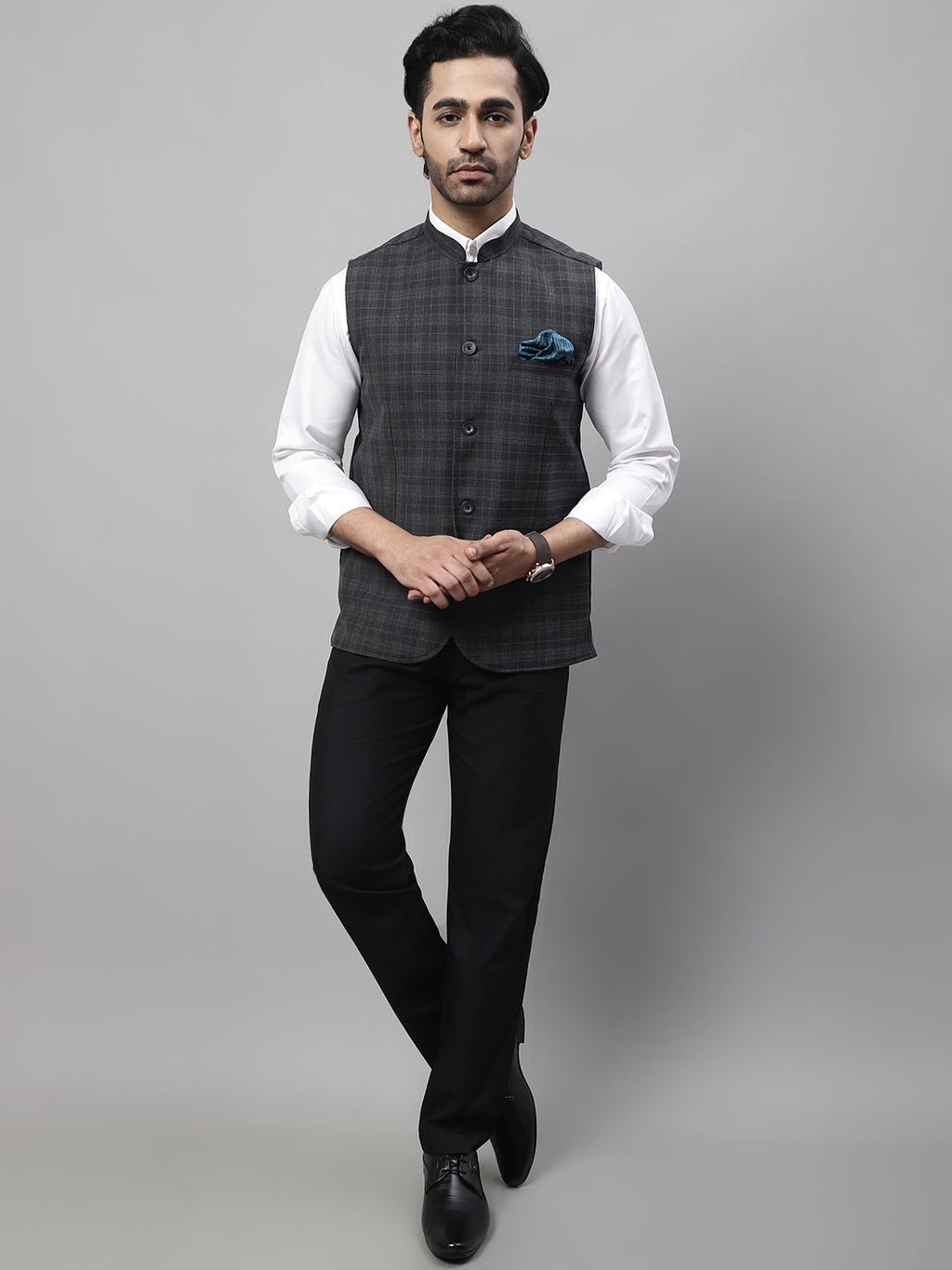 Even Apparels Men's Grey Nehru Jacket With Welt Pockets