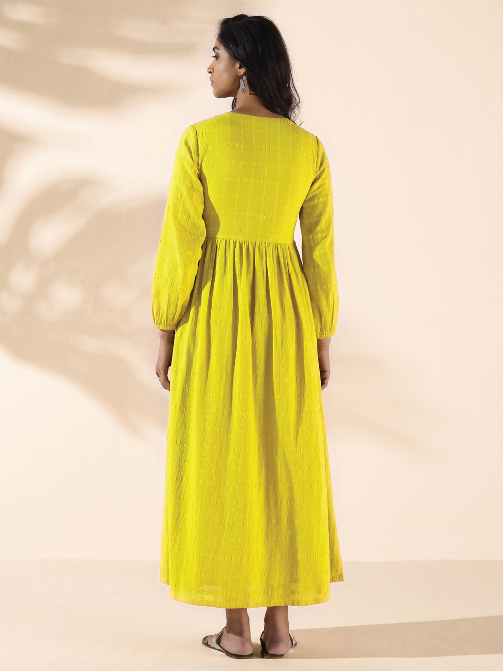 trueBrowns Lime Cotton Dobby Flared Dress - Distacart