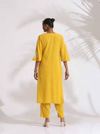 trueBrowns Yellow Cotton Slub Embroidered Straight Kurta Set - Distacart