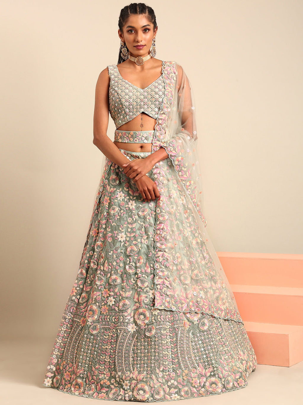 House of Panchhi Sea green Net Multi Sequins with heavy Zarkan embroidery Lehenga choli & Dupatta