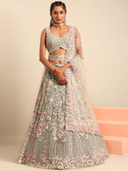 House of Panchhi Sea green Net Multi Sequins with heavy Zarkan embroidery Lehenga choli & Dupatta