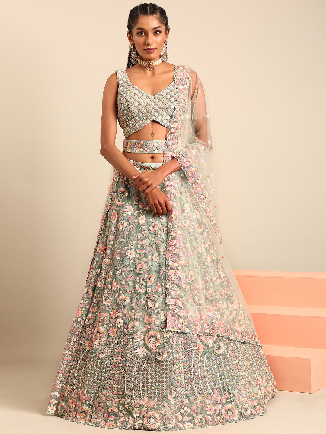 House of Panchhi Sea green Net Multi Sequins with heavy Zarkan embroidery Lehenga choli & Dupatta