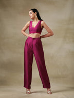 trueBrowns Purple Textured Silk Overlay Jacket Blouse Pant Set | Relove - Distacart