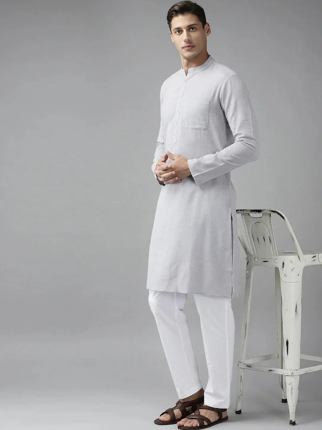 Fabmade Men Grey Cotton Linen Kurta