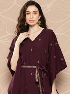 Ahalyaa Women Floral Printed Flared Sleeves Belted Detail Crepe Kaftan Kurta - Distacart