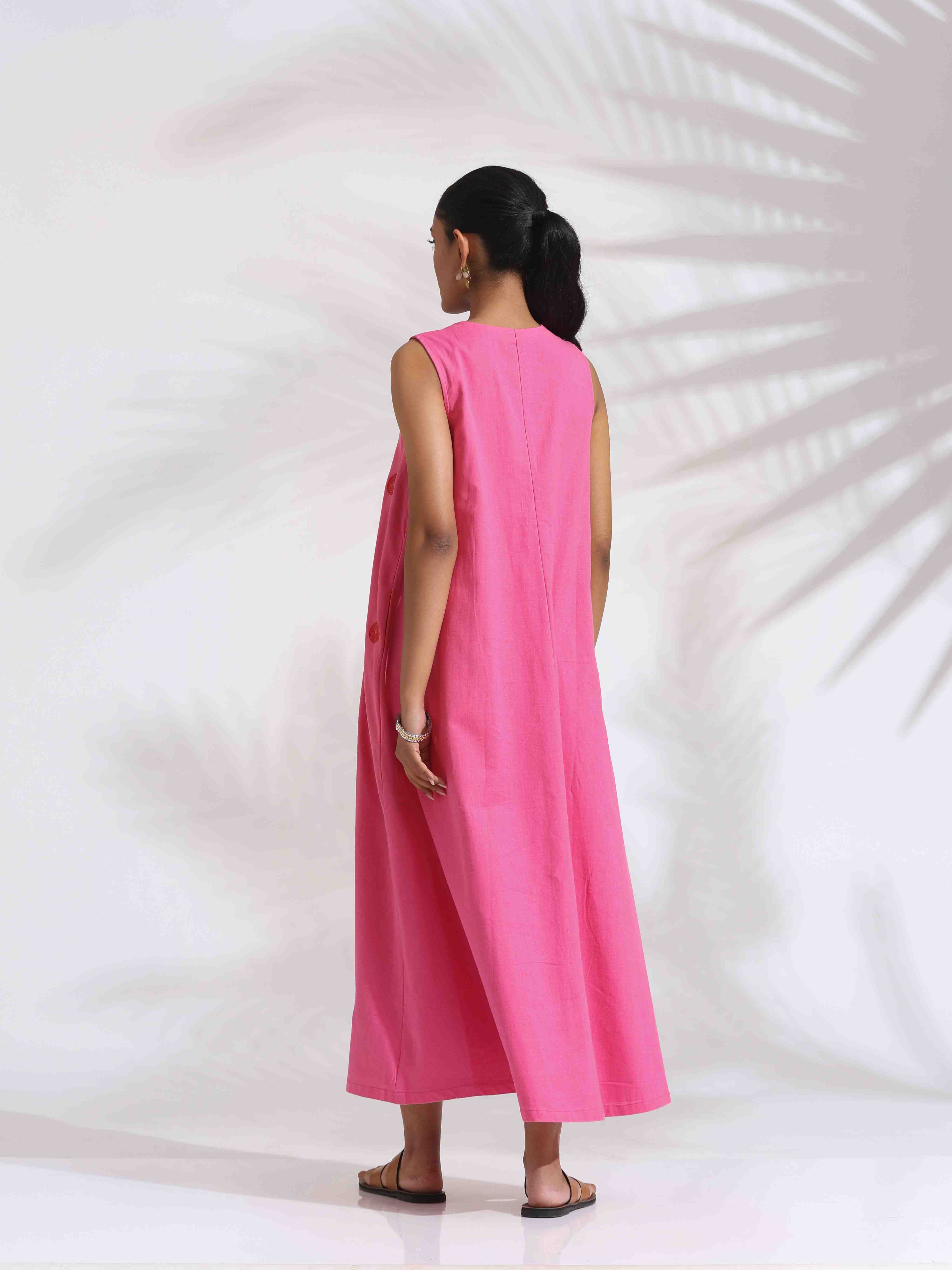 trueBrowns Pink Cotton Embroidered Flared Dress - Distacart