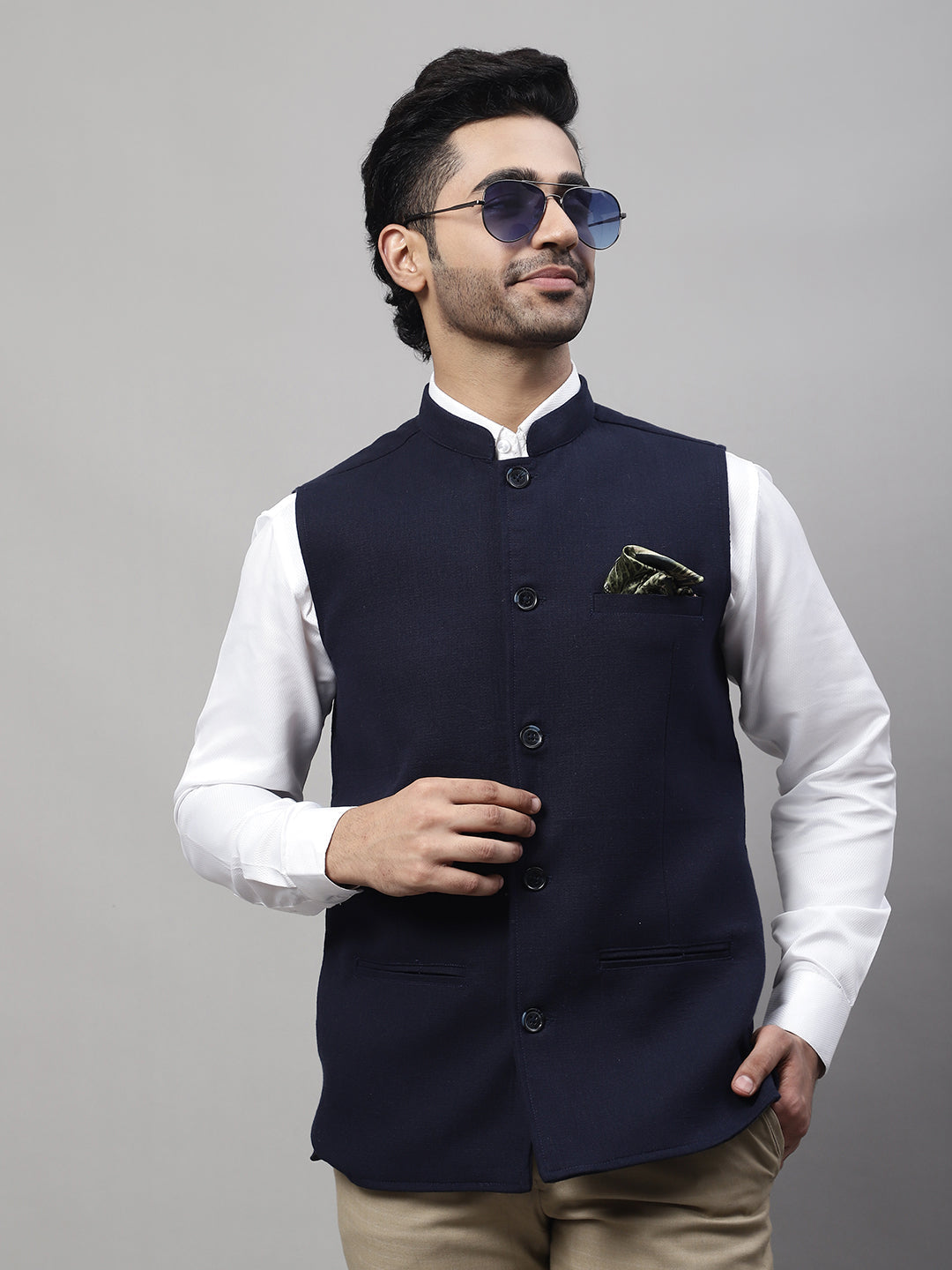 Even Apparels Men's Blue Pure Wool Nehru Jacket