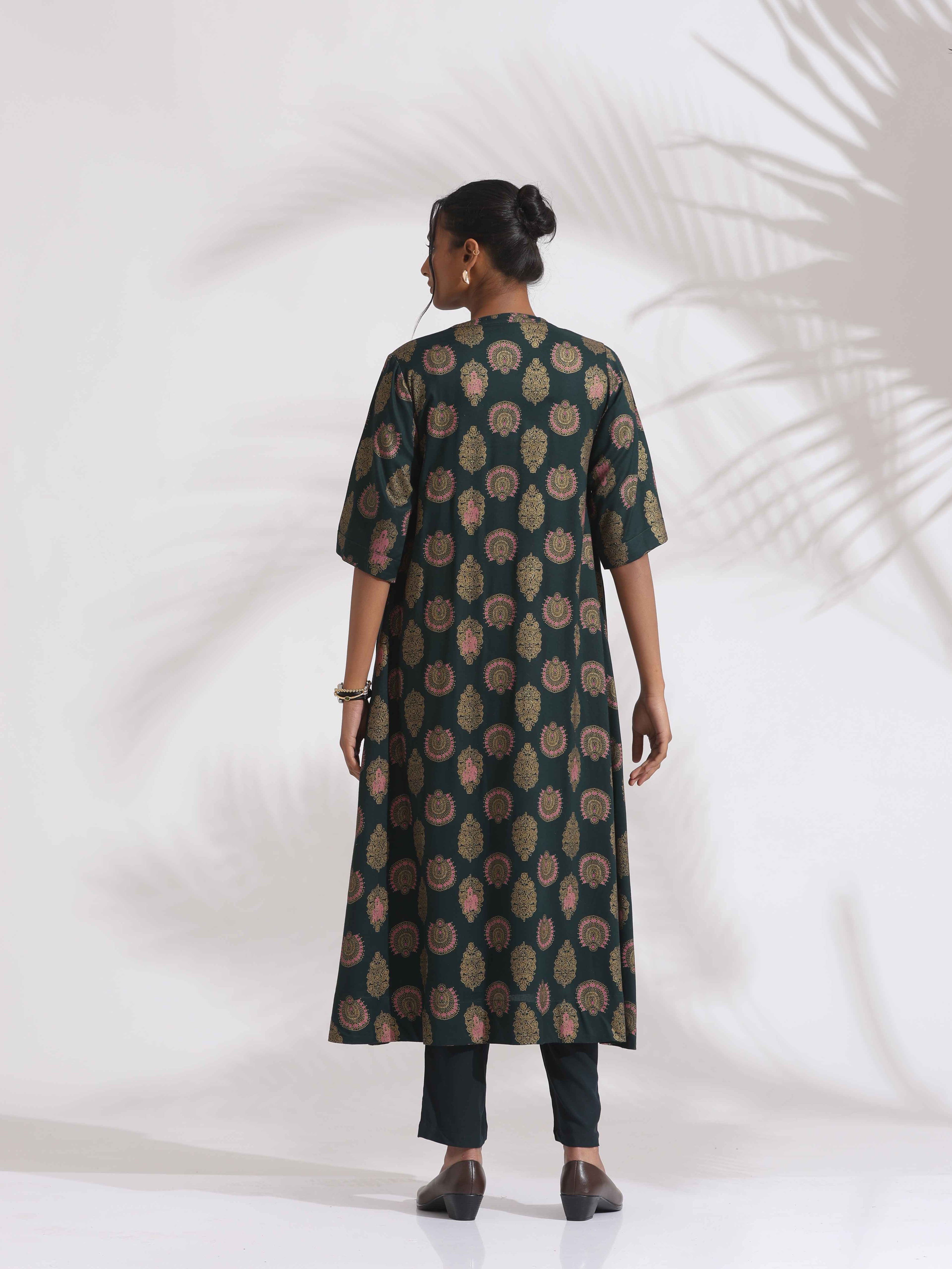trueBrowns Green Foil Print Cotton Kurta Set - Distacart