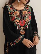trueBrowns Black Kashmiri Floral Embroidered Woollen Phiran Kurta - Distacart
