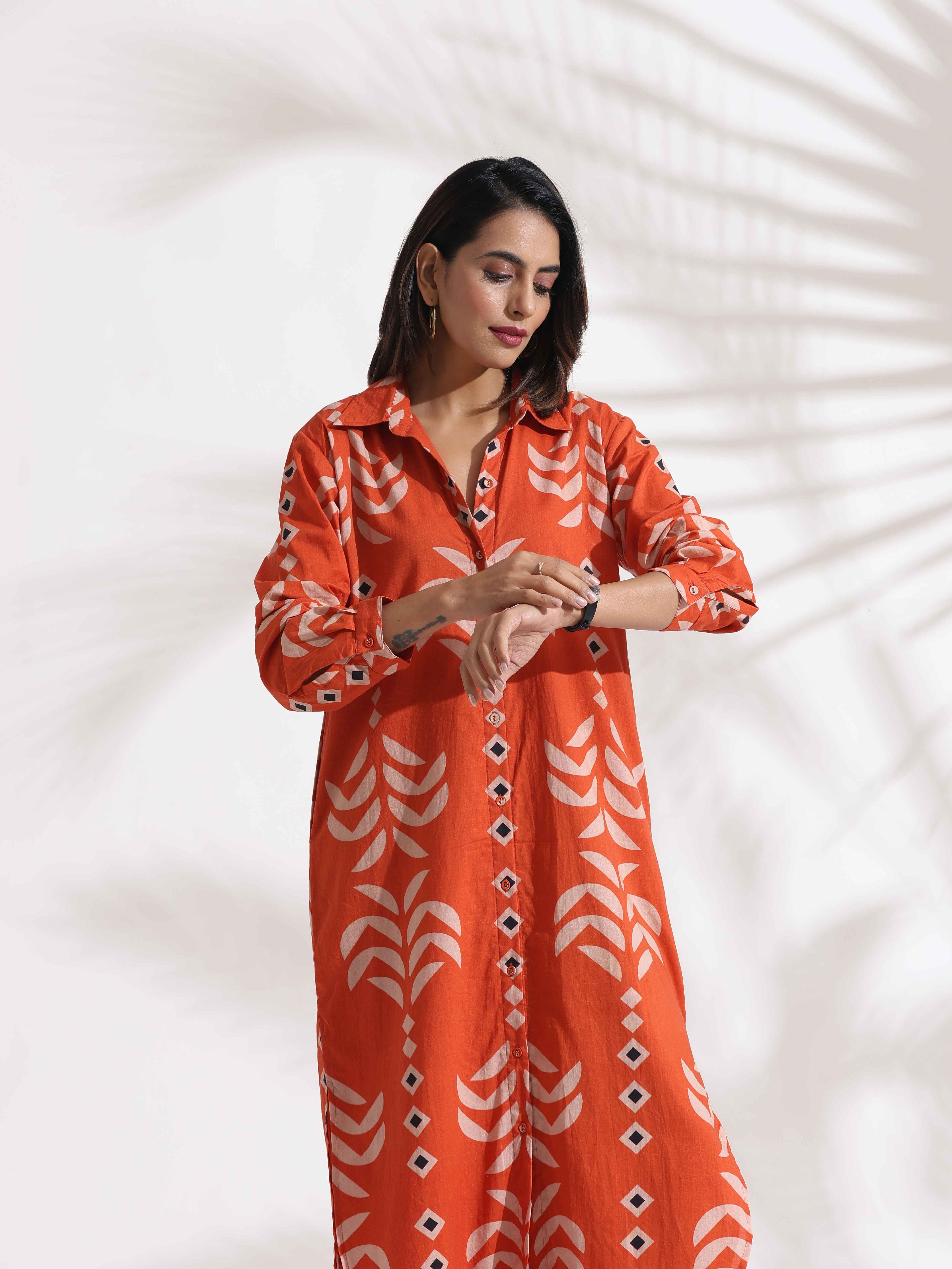 trueBrowns Orange Cotton Print Shirt Dress - Distacart