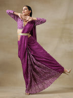 trueBrowns Purple Bandhani Printed Silk Ready to Wear Saree with Belt