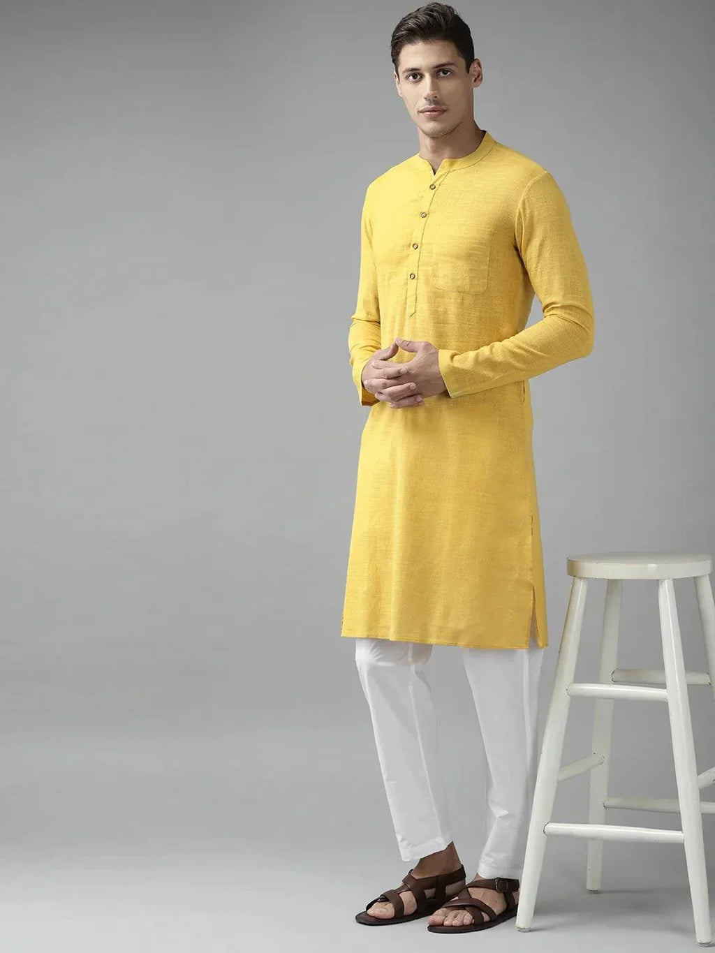 Fabmade Men Yellow Cotton Linen Kurta