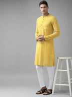 Fabmade Men Yellow Cotton Linen Kurta