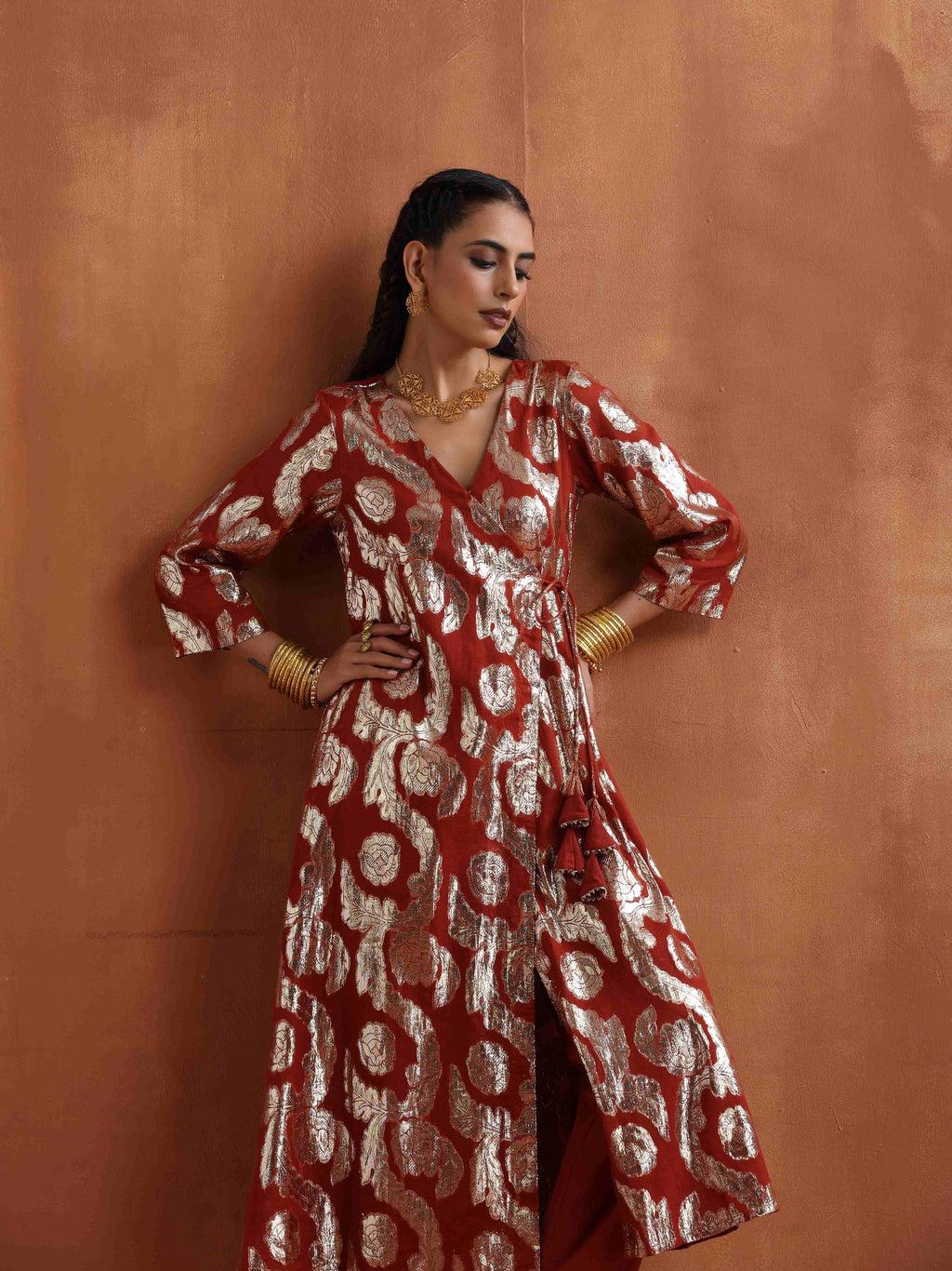 trueBrowns Rust Metallic Angrakha Kurta Set - Distacart
