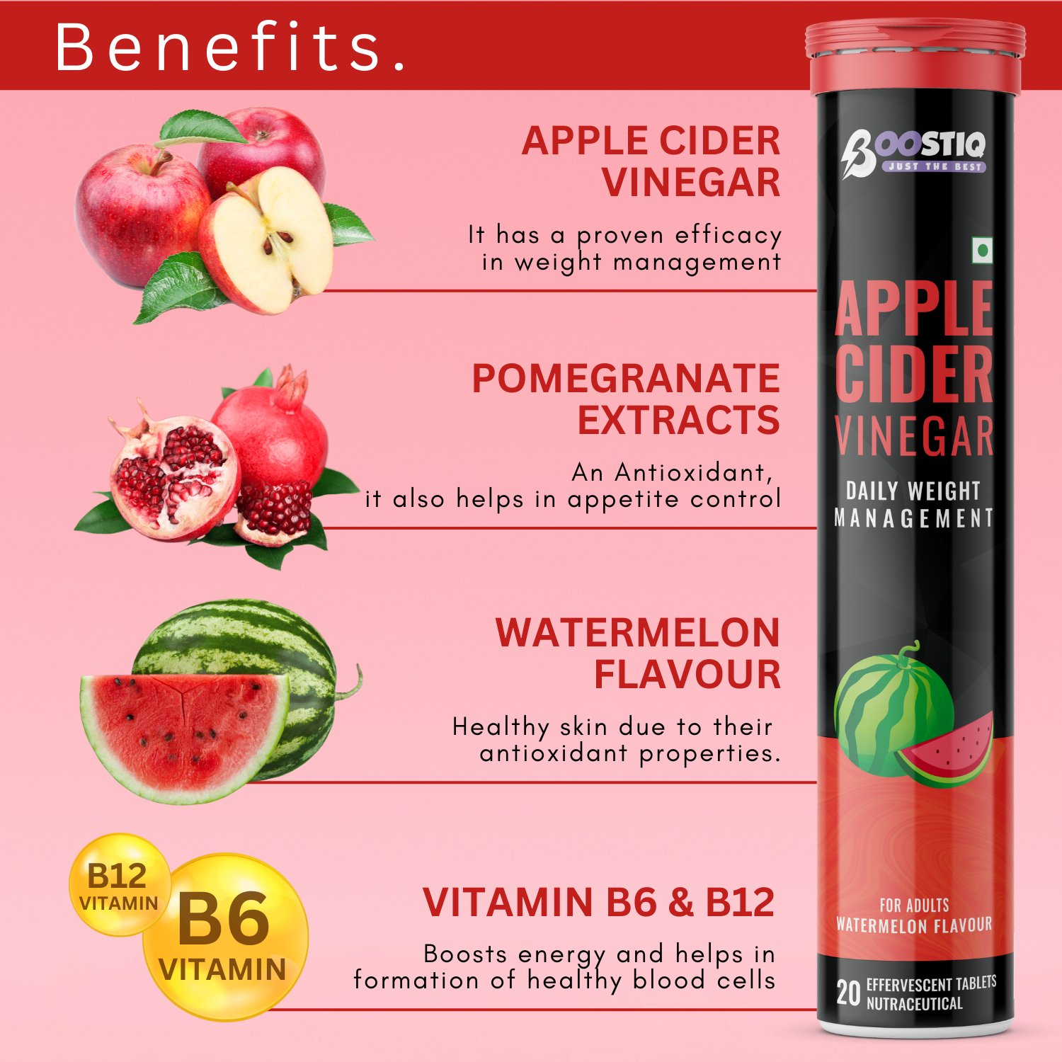 BOOSTIQ Apple Cider Vinegar Effervescent Tablets - Watermelon Flavour